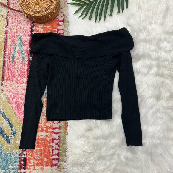 Abercrombie Neutral Black Stretch Long Sleeve Off Shoulder Knit Sweater XL - Picture 2 of 5
